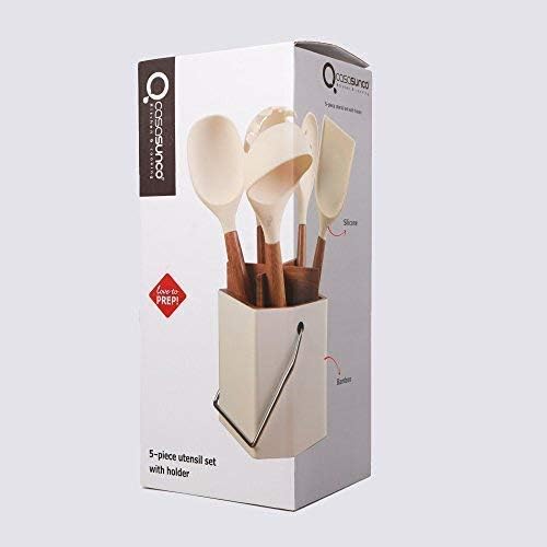 White Kitchen Utensils Set with Holder Silicone Cooking Utensils, Non-stick Durable Silicone & Beech Wood, Professional Heat-Resistant Set of 5 (Creamy White) - Image 8