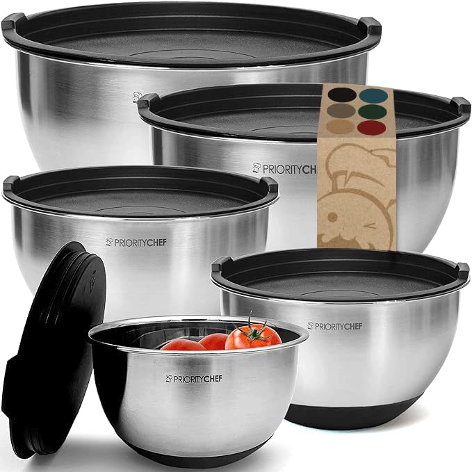 Premium Mixing Bowls With Lids Set, Airtight Lids, Thicker Stainless Steel, Non-Slip Base, 5 Nesting Steel Bowls for Kitchen, Large Prep Metal Bowl Set 1.5/2/3/4/5 Qt, Black - Image 8