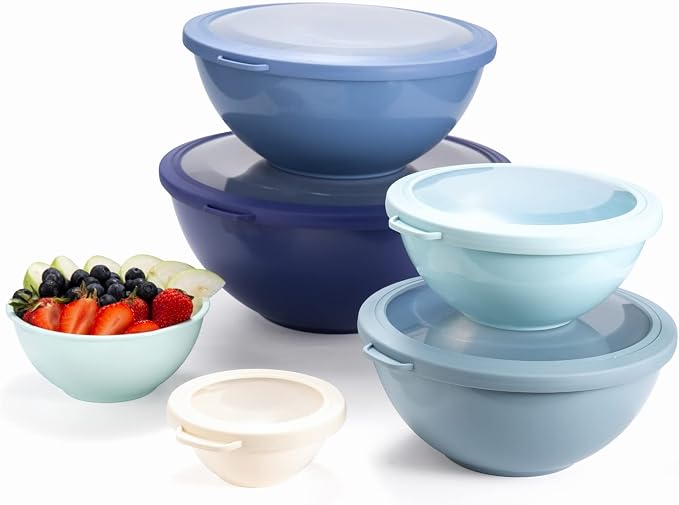 COOK WITH COLOR Mixing Bowls with TPR Lids - 12 Piece Plastic Nesting Bowls Set includes 6 Prep Bowls and 6 Lids, Microwave Safe (Blue) - Image 9