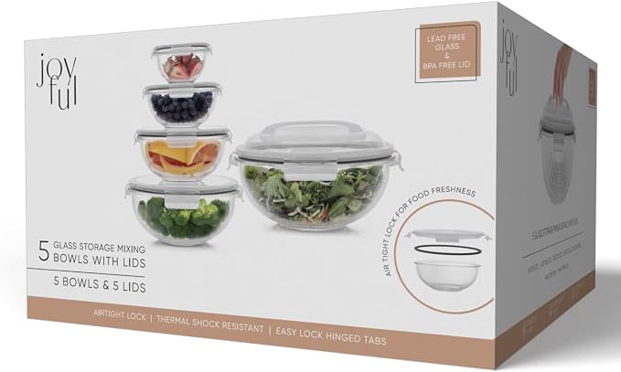 JoyJolt Kitchen Mixing Bowls. 5pc Glass Bowls with Lids Set – Neat Nesting Bowls. Large Mixing Bowl Set incl Batter Bowl, Cooking Bowls, Storage Bowls with Lids and Big Salad Bowl with BPA-Free Lids - Image 8