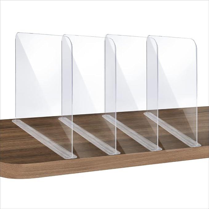 ROUFA 4Pcs Clear Acrylic Shelf Dividers, Adjustable Closet Organizer Fit for Any Thickness of Shelves, Multi-Purpose Wood Shelf Separators for Bedroom, Kitchen, Office, Bathroom, 11.8''x11'' - Image 6