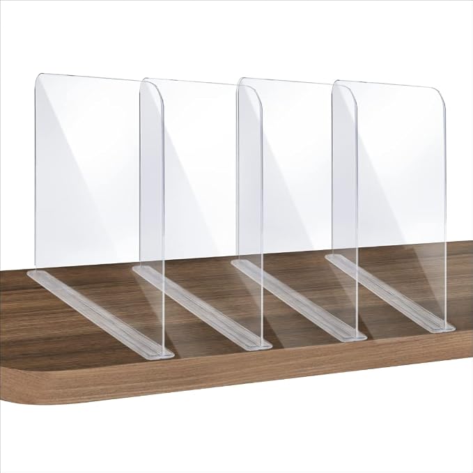 ROUFA 4Pcs Clear Acrylic Shelf Dividers, Adjustable Closet Organizer Fit for Any Thickness of Shelves, Multi-Purpose Wood Shelf Separators for Bedroom, Kitchen, Office, Bathroom, 11.8''x11'' - Image 6