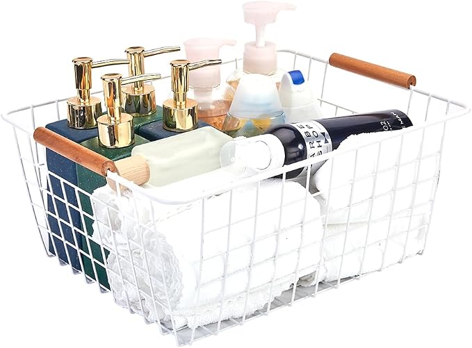 LeleCAT Large white wire baskets with Wooden Handles for storage pantry, Storage Organizer Baskets, Household Refrigerator for Cabinets, Closets, Bedrooms, kitchen - Set of 2(White) - Image 7