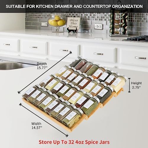 Spice Drawer Organzier,4 Tiers Bamboo Spice Rack Tray Insert for Cabinet Drawer Countertop, Kitchen Seasoning Storage Drawer Organization,14.57" Wide x 15.8" Deep (Hold UP To 32 Jars - Image 7