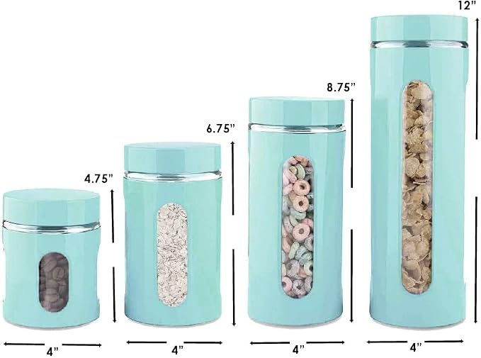 Kitchen Canisters Set For Countertop By Home Basics | Retro-Styled Canisters For Kitchen Counter | Stainless Steel and Glass, See-Through Windows (Turquoise), 4 Pieces - Image 7