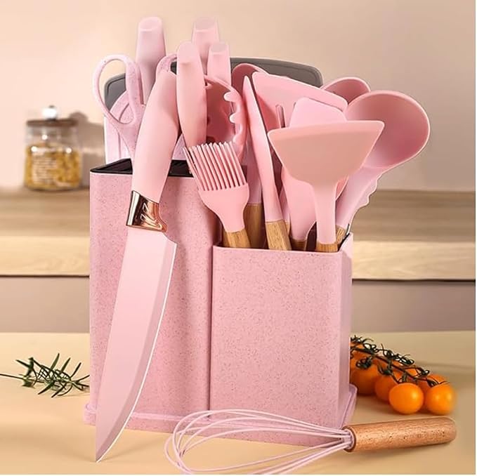 19 Piece Kitchenware Utensils and Knife Set- includes: 9 Piece Silicone Cooking Utensils- 5 Piece Sharp Stainless Steel Chef Knives- Scissors -Whisk Tongs and Cutting Board (Pink) - Image 7