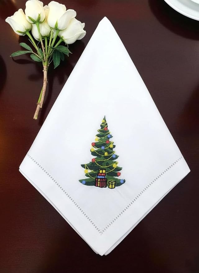 – Embroidered Cloth Napkin Christmas Tree Cotton Napkins Set of 6, 20 x 20”, Hemstitch Table Napkins, Machine Washable, Daily & Holidays, Great Gift Ideas - Image 9