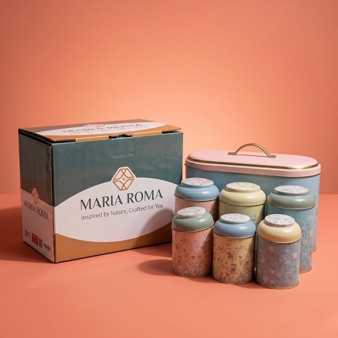 MARIA ROMA 7 Pcs Bread Box Set for Kitchen Countertop and Canisters Sets for the Kitchen Ideal for Bread Basket Sugar Container Coffee Canister Tea Tin Breadbox Vintage and Rustic Model - Image 9