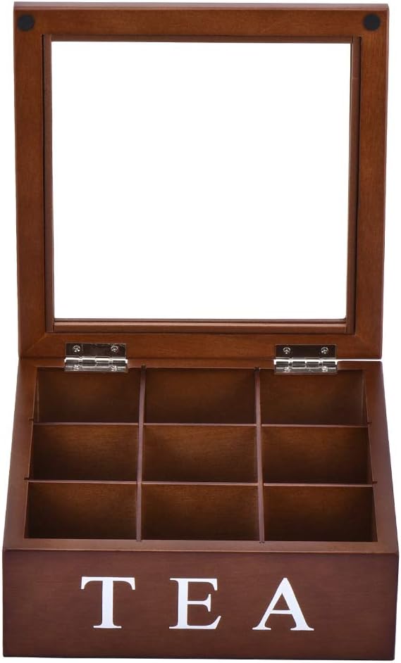 Wood Tea Storage Box, Teabag Storing 9 Compartments Wooden Tea Box Hinged Glass Lid Tea Organizer-Brown - Image 9