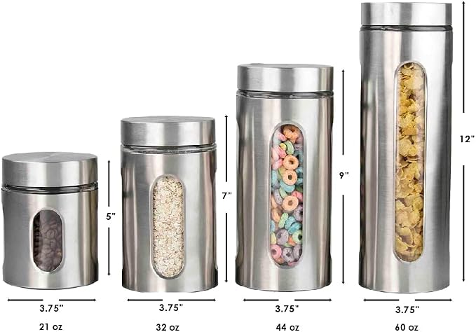 Kitchen Canisters By Home Basics | Retro-Styled For Kitchen Counter | Stainless Steel and Glass | With See-Through Windows (Silver), 4 Pieces, For Flour, Coffee, Sugar, and Dry Ingredients - Image 7