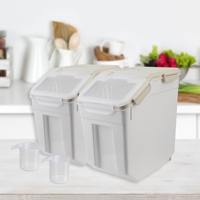 2 Pack Rice Storage Container with Measuring Cup 50 lb Flour Storage Container with Wheels, BPA Free Food Storage Container Dog Cat Food Bin Set for Dry Food Sugar, Cereal(Gray) - Image 6