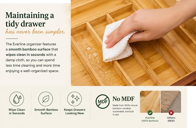 EVERLINE Expandable Bamboo Drawer Organizer for Kitchen Utensils | Adjustable Silverware Organizer Tray, 7-9 Compartments, Natural Bamboo, Cutlery & Kitchen Storage - Image 6
