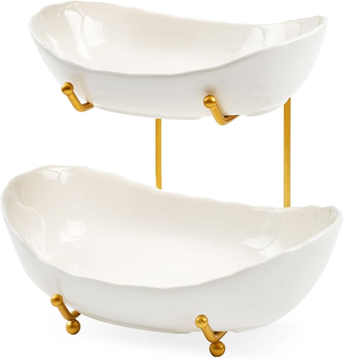 2 Tier Ceramic Fruit Bowl for Kitchen Counter | Fruit Rack with Gold Metal Stand, Fruit Holder for Fruit, Vegetables, Cake, Dessert, Bread Storage (White) - Image 8