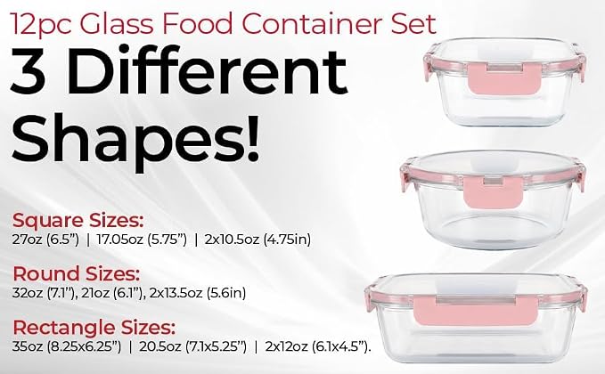 Magic Mill Premium Borosilicate Glass Food Storage Containers with lids Set | 24pc Sets with 12 Bowls & 12 Airtight Locking Lids for Lunch & Meal Prep, Safe for Oven, Freezer, Dishwasher, BPA-Free - Image 6