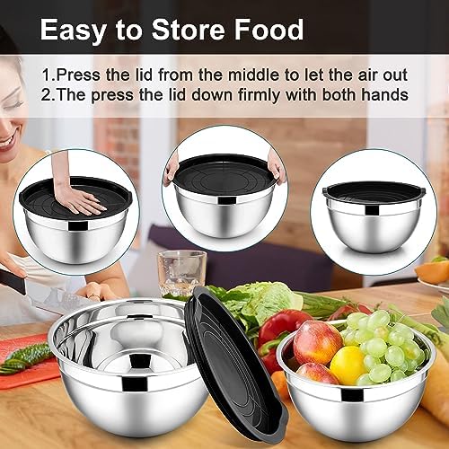 E-far Mixing Bowls with Lids Set of 3 with Stainless Steel Colander Set of 3, Nesting Bowls for Baking and Prepping, Micro-Perforated Colander Strainer for Kitchen/Draining Pasta/Rinsing Vegetables - Image 9