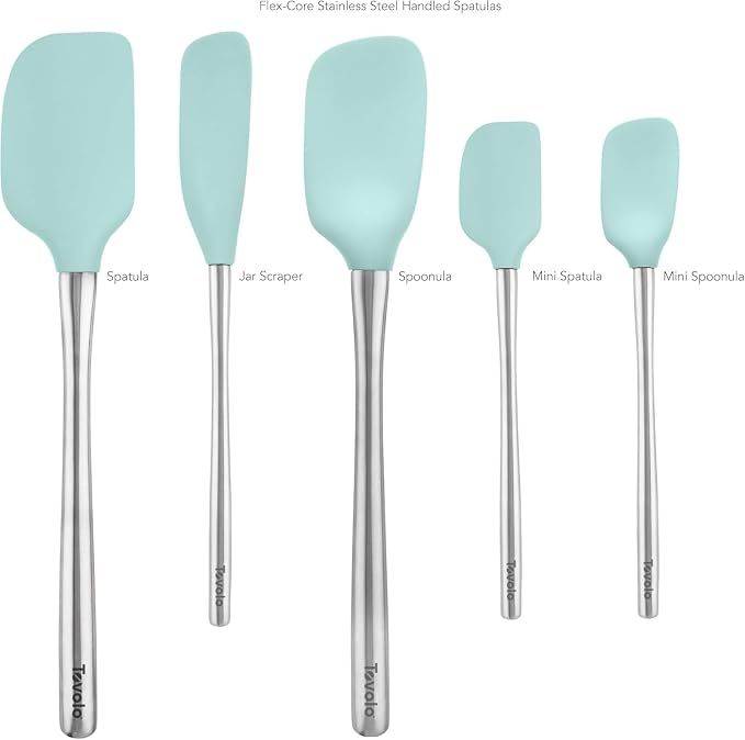 Tovolo Stainless Steel Handled Silicone Spatula Set of 5, Dishwasher Safe Kitchen Spatula Set for Cooking Baking, BPA Free Silicone Spatula set with Metal Steel Handle, Aqua Seafoam Green - Image 4