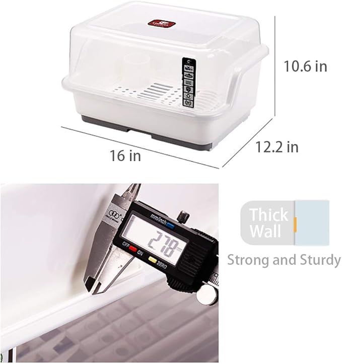 Tomorotec Medium Size Dish Drying Rack & Drain Board with Lid Cover, White | Kitchen Counter Drainer with Dust-Proof Clear Cover, Detachable Design with Utensil Holder, Plate Cup Tray Cutlery Drainer - Image 7