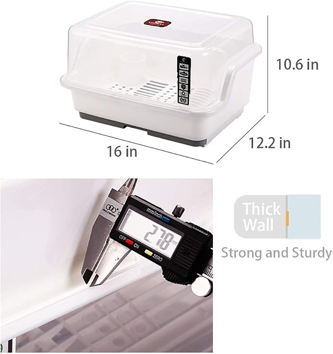 Tomorotec Medium Size Dish Drying Rack & Drain Board with Lid Cover, White | Kitchen Counter Drainer with Dust-Proof Clear Cover, Detachable Design with Utensil Holder, Plate Cup Tray Cutlery Drainer - Image 7