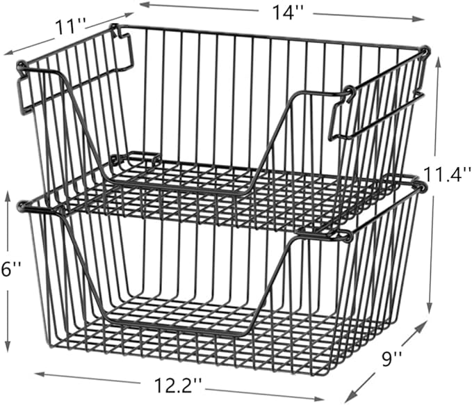 Slideep Wire Storage Baskets for Organizing, 4 Pack 14'' Stacking Metal Wire Freezer Organizer Bins with Handles, Large Pantry Baskets for Kitchen Cabinets, Bathroom, Laundry, Garage, Black - Image 6