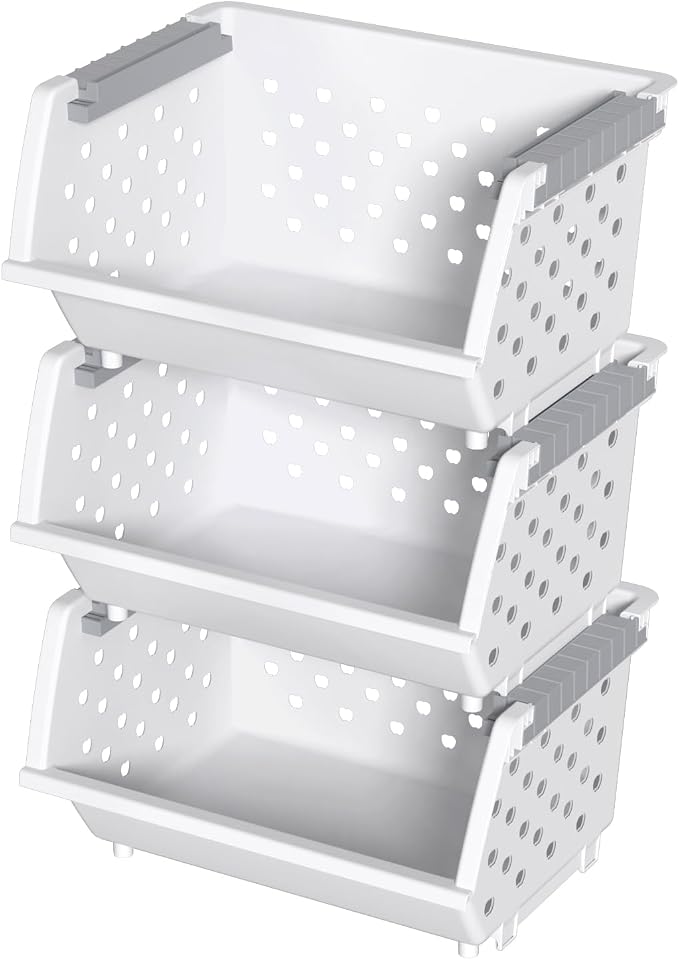 Stackable Storage Bins, Open Front for Pantry Storage, 3 Pack | Plastic Kitchen Organizer Basket, Open Front Access, Stacking Bins for Snacks, Produce and Pantry Items, White - Image 7
