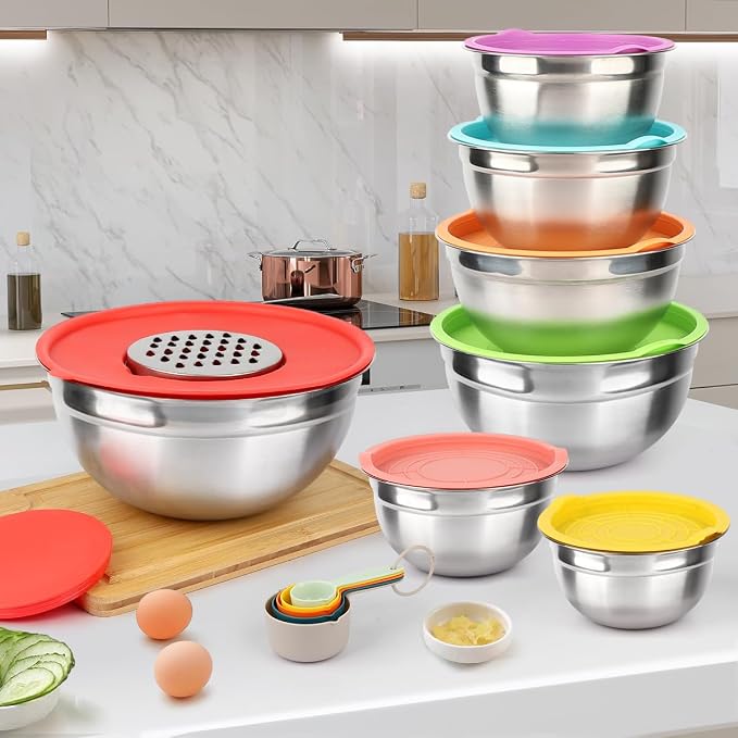 JUJOJB Mixing Bowls With Lids Set,Stainless Steel Mixing Bowls Set With 3 Grater,Metal Nesting Bowls For Kitchen Baking Refrigerator Meal Prep Food Organizer,7 Size(Multicolor) - Image 7