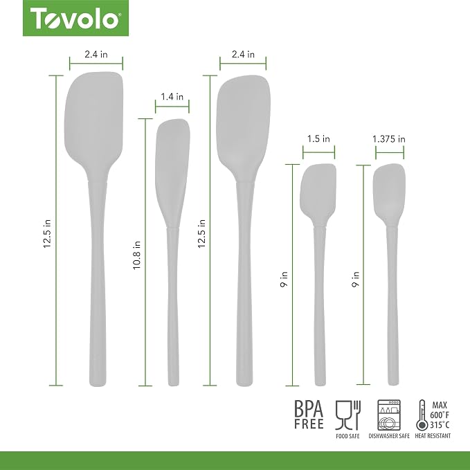 Tovolo Flex Core 5 Piece Silicone Spatula Set Heat Resistant All Silicone Utensils Include Non Stick Spatula Spoonula Jar Scraper, Dishwasher Safe BPA Free Spatulas for Baking Mixing, Oyster Gray - Image 6