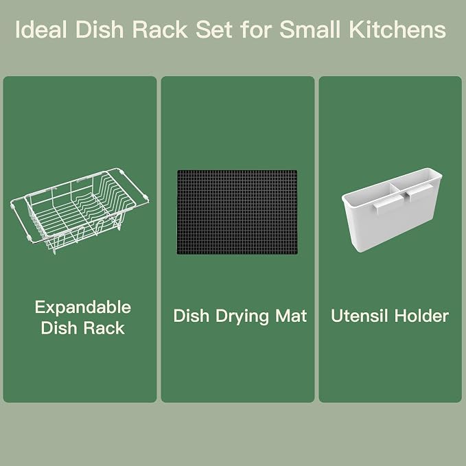 White Dish Drying Rack Over The Sink with Utensil Holder, Mat | Expandable Stainless Steel Dish Drainer for Small Kitchen, Apartment, RV, Counter Space Saving, Perfect Fit, Rustproof - Image 9