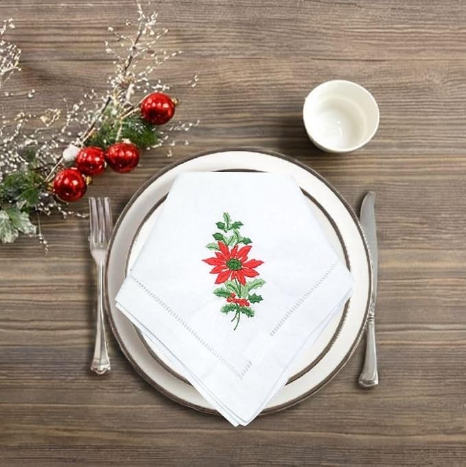 Embroidered Cloth Napkin Poinsettia and Holly Christmas Cotton Napkins Set of 6, 20 x 20 Hemstitch Table Napkins Machine Washable, Daily & Holidays, Great Gift Ideas - Image 9