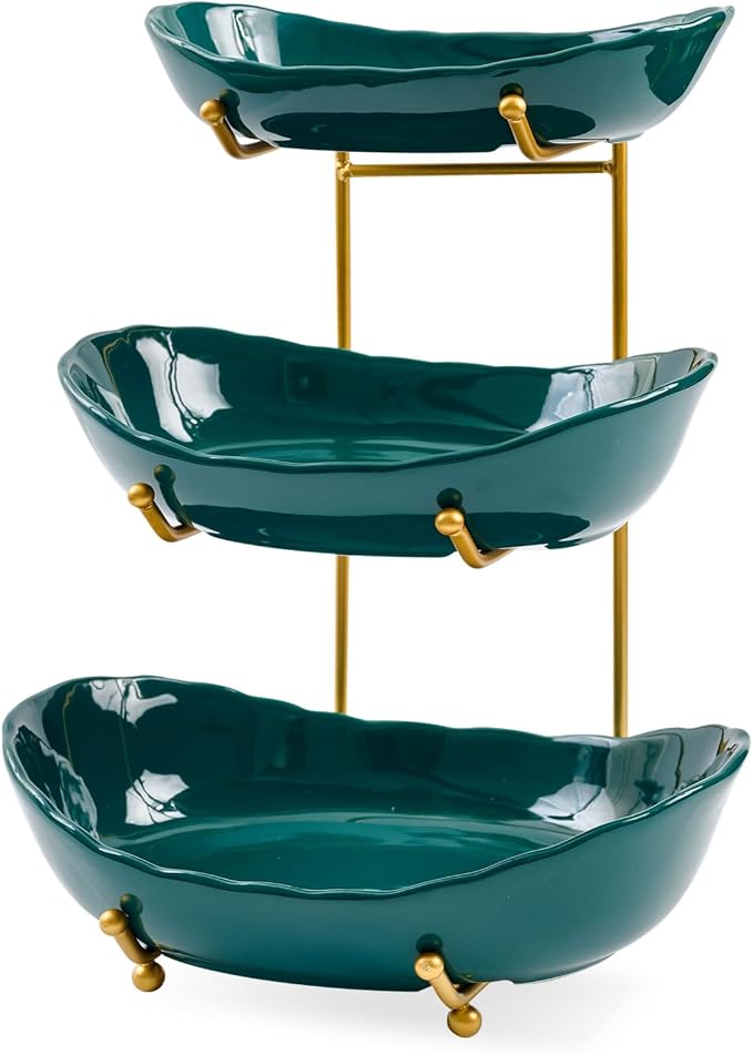 3 Tier Ceramic Fruit Bowl for Kitchen Counter | Tiered Fruit Basket for Countertop, Serving Tray for Food, Vegetable, Cake, Dessert in Party(Dark Green) - Image 8