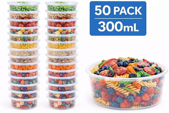 1ABOVE 50 Pack Round Plastic Food Containers with Lids – Reusable Leakproof BPA-Free Meal Prep Storage, Microwave, Freezer & Dishwasher Safe (300ML) - Image 9