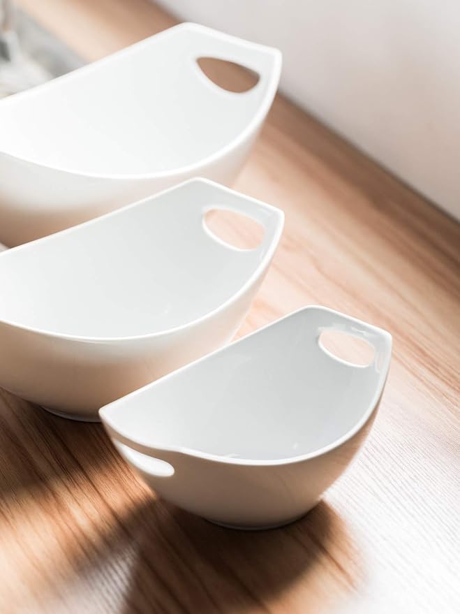 LAUCHUH Serving Bowls with Handles, Porcelain Serving Dishes Nesting Bowls | Mixing Bowls Set Salad Bowls for Entertaining, Thanksgiving, Baby Shower, Party, Set of 3, Microwave Safe, 15/28/49 oz, White - Image 6