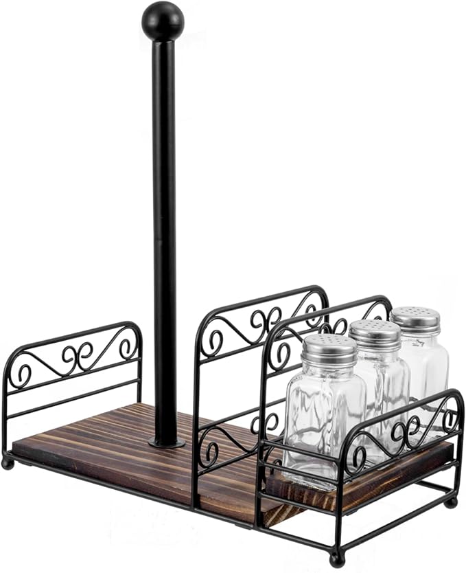 MyGift Matte Black Metal Wire Scrollwork Paper Towel Roll Holder Combo Caddy with Rustic Burnt Solid Wood Base, Napkin Holder, and Spice Rack - Image 7