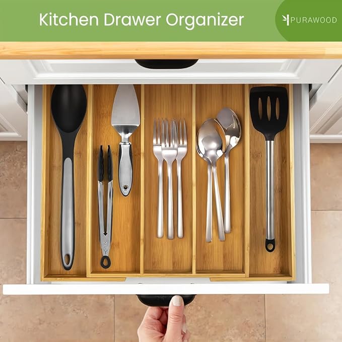 Purawood Kitchen Drawer Organizer - Expandable Utensil Drawer Organizer for Kitchen, Cutlery Tray & Silverware Organizer, 3-5 Slots - Bamboo Organizer for Utensils & Flatware (Natural) - Image 6