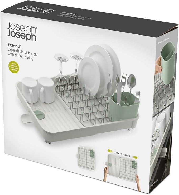 Joseph Joseph Extend Expandable Dish Drainer Rack with Removable Flatware Holder Swivel Draining Spout - Stone/Sage Green - Image 7