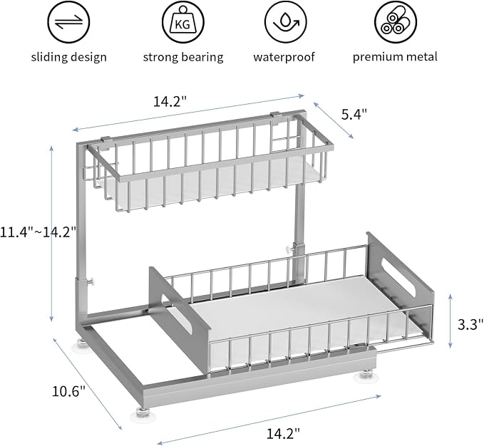2-Pack L-Shaped Under Sink Organizer, 2-Tier Pull-out Cabinet Rack | Grey Height-Adjustable Steel Rack, Sliding Grid Drawers with PP Liners, Holds 100 Lbs, Suction Base, Ideal Kitchen Storage - Image 6