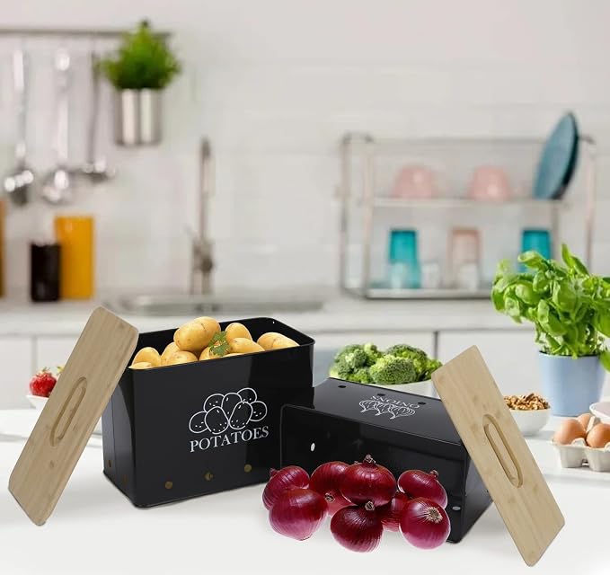 Potato Onion Storage Box, Food Container Sets, Storage Canisters for Vegeatables, Set of 2 Jars Pots Containers, Potato & Onion Bin with Aerating Tin Storage Holes & Bamboo Lid-Black - Image 6