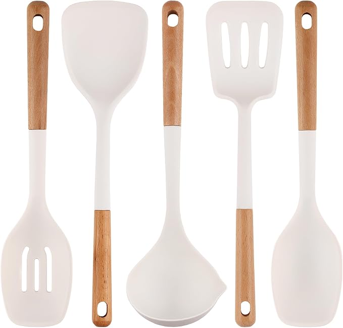 Silicone Cooking Utensils Set 5 Pcs Large Non-Stick Kitchen Utensils Set, Wooden Handle Heat Resistance Turner Soup Ladle Spoon Silicone Cooking Kitchen Gadgets BPA Free for Nonstick Cookware - Image 9