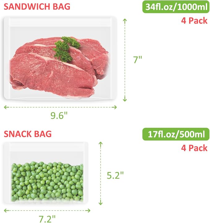 Reusable Sandwich Bags & Snack Bags Set, 8 Pack, 100% Silicone Reusable Storage Bag, Soft Shell Ziplock Silicone Food Storage Containers, Freezer Microwave Oven Dishwasher Safe, Translucent - Image 7