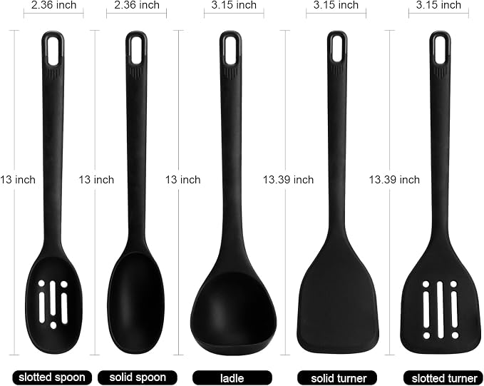 Silicone Kitchen Cooking Utensils Set: MOACC Heat Resistant 13inch Long Kitchen Gadgets, BPA Free Non Stick Rubber Cook Accessories For Food Prep, Frying, Serving, Basting (Black) - Image 7