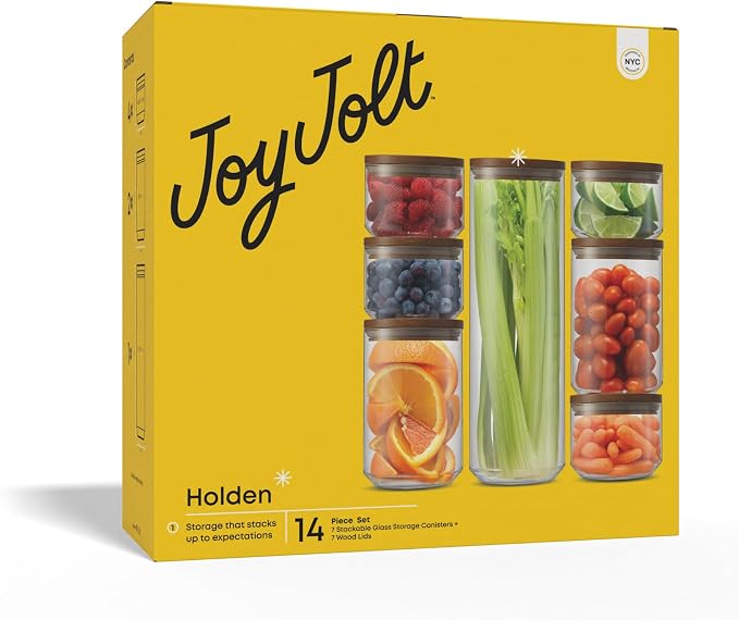 JoyJolt Holden 7-Piece Stackable Glass Storage Containers with Lids, Airtight Food Canister Set with Acacia Wood Lids, Round Stacking Pantry and Kitchen Containers for Pasta, Flour, Sugar, Coffee - Image 9