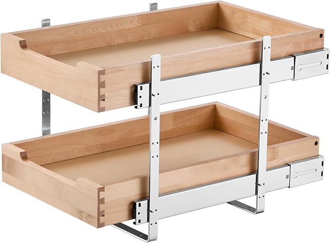VEVOR 2 Tier Pull Out Cabinet Organizer, 14" W x 21" D Cabinet Drawer, Soft Close Slide out Shelf, Heavy-Duty Sliding Wood Drawer, Adjustable Base Cabinet Organization for Kitchen Pantry Bathroom - Image 12