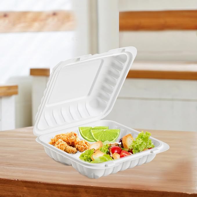 7.8" 30oz 3 Compartment Food Containers - Shrink Wrap Ready to Use | 65 Pack Mineral Filled PP Clamshell | BPA Free Freezer Microwave Safe | Reusable White Lunch Box for Leftovers, Take Out - Image 6