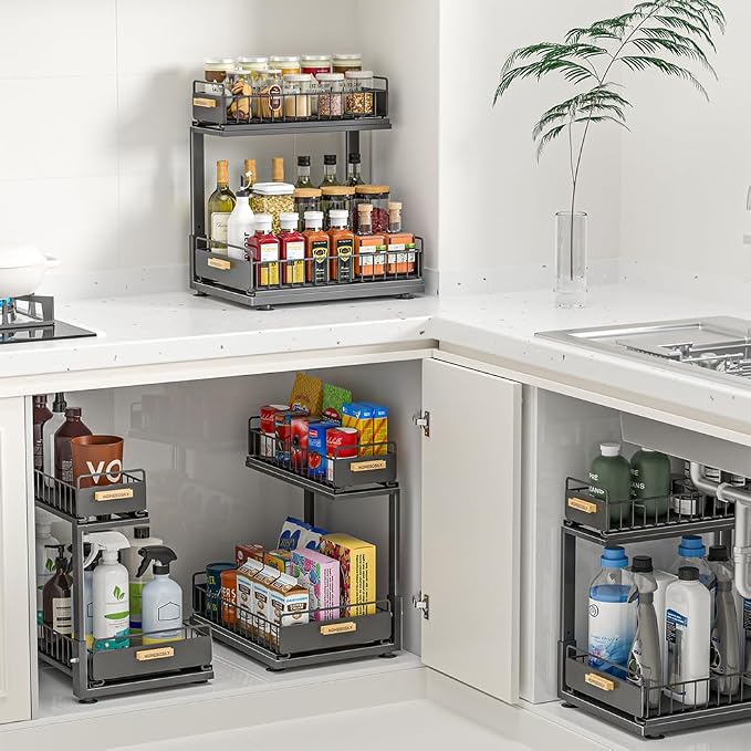 Under Sink Organizer Kitchen, 2 Tier Under Sink Organizers and Storage, Pull out Cabinet Organizer Shelf, Metal Drawer for Kitchen Bathroom Pantry Cabinet Closet Organization Rack, Black, 1 Pack - Image 9