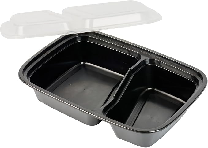 Asporto 32 Ounce Compartment Take Out Boxes, 50 Microwavable Meal Prep Containers - 2 Compartments, With Clear Plastic Lids, Black Plastic Food Containers, Do Not Contain BPA - Restaurantware - Image 16