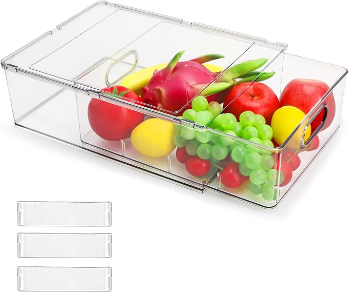 Extra Large Refrigerator Organizer Bins with Pull-out Drawer, Stackable Clear Bins with 3 Dividers, Pantry Organization and Food Storage - Image 8