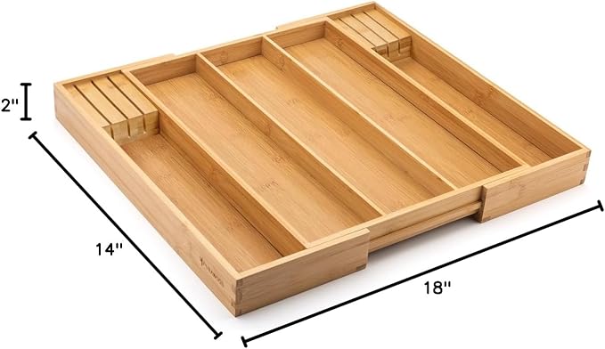 Purawood Kitchen Drawer Organizer with Knife Blocks - Utensil Drawer Organizer for Kitchen, Cutlery Tray & Silverware Organizer, 3-5 Slots - Bamboo Organizer for Utensils & Flatware (Natural) - Image 7