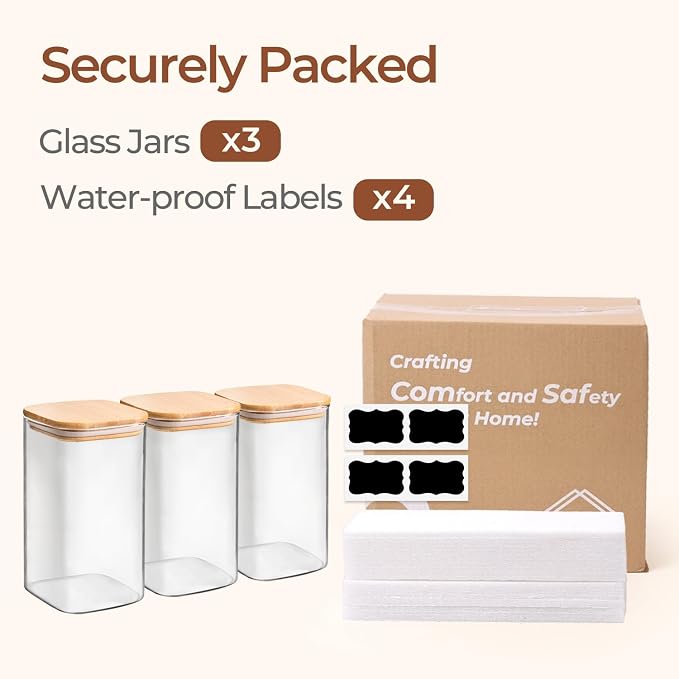 ComSaf Glass Storage Containers wtih Lids 1.4 Qt, Set of 3 Galss Jars | Glass Pantry Storage Containers, Square Kitchen Canisters, Lid with Silicone Seal, Cookie, Cereal, Coffee, 44oz, BPA Free - Image 8