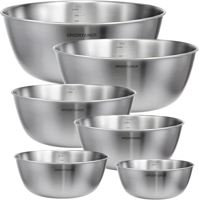 Greentainer Stainless Steel Mixing Bowls Set of 6, Nesting Bowls with Measurement Markings, 7.6 to 0.8 Qt for Baking, Prepping, Cooking and Serving Food, Large Metal Kitchen Bowls Dishwasher Safe - Image 8