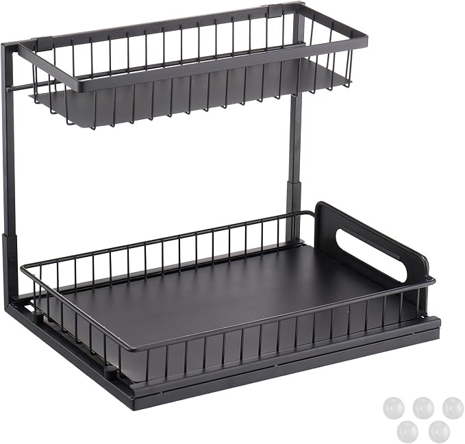 VEVOR 2 Tier Pull Out Cabinet Organizer(10.7"W x 14.2"D), Under Sink Organizer and Storage, Slide Out Drawer Cabinet Organizer, Wire Basket Sliding Storage, 12.5"Wx15.5"Dx13"H Install Size for Cabinet | Kitchen Slide Out Drawer Wire Basket Sliding Stor... - Image 9