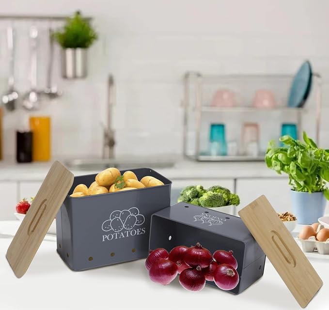Potato Onion Storage Box, Food Container Sets, Storage Canisters for Vegeatables, Set of 2 Jars Pots Containers, Potato & Onion Bin with Aerating Tin Storage Holes & Bamboo Lid-Gray - Image 6